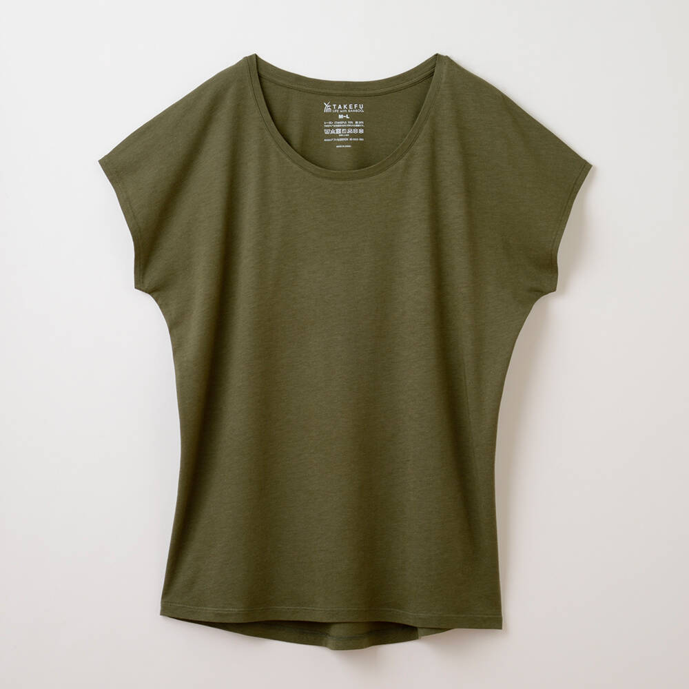 【竹布】 TAKEFU フレンチスリーブTシャツ・レディース、オリーブ、M〜L（# 8654）4,600 円